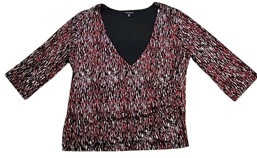Women's Sz XL Geo Print Faux Wrap Side Ruched Jersey Blouse Top 3/4 Sleeve